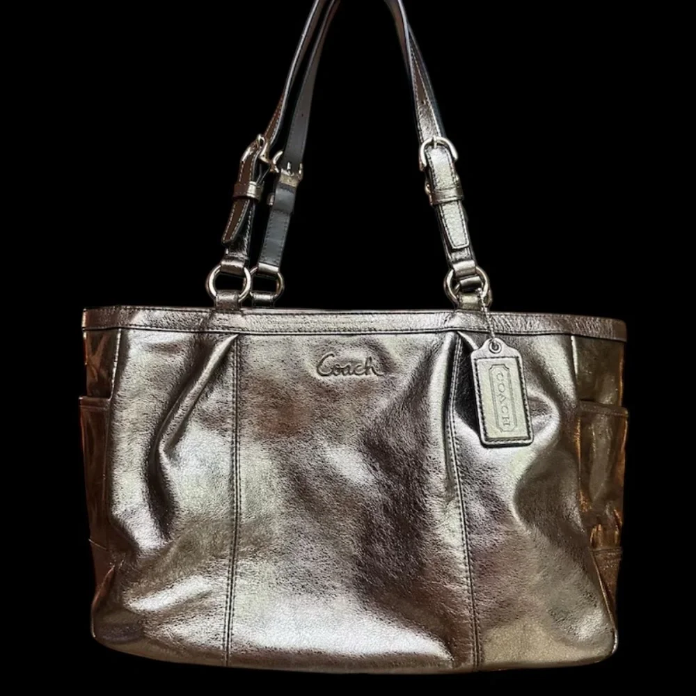 COACH Gallery East West Tote Metallic Leather Shoulder Bag Shimmering Bronze